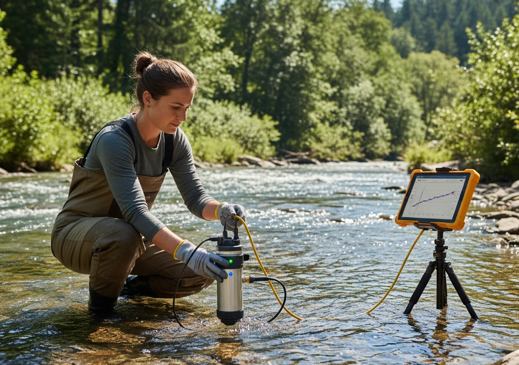 تصویر ۱ (یک سنسور در حال نصب): یک تکنسین در حال نصب یک سنسور کیفیت آب چندپارامتری در یک رودخانه به عنوان نمادی از فناوری پایش آنی و مدیریت منابع آب. تصویر ۲ (داشبورد دیجیتال): داشبورد گرافیکی یک پلتفرم همزاد دیجیتال (Digital Twin) که داده‌های آنی کیفیت آب را از نقاط مختلف یک شبکه شهری نمایش می‌دهد. تصویر ۳ (نقشه ایران): نقشه ایران با هایلایت مناطق دارای تنش آبی شدید، که نشان‌دهنده نیاز فوری به استقرار فناوری‌های نوین مانند سنسورهای هوشمند برای مدیریت بحران آب است.
