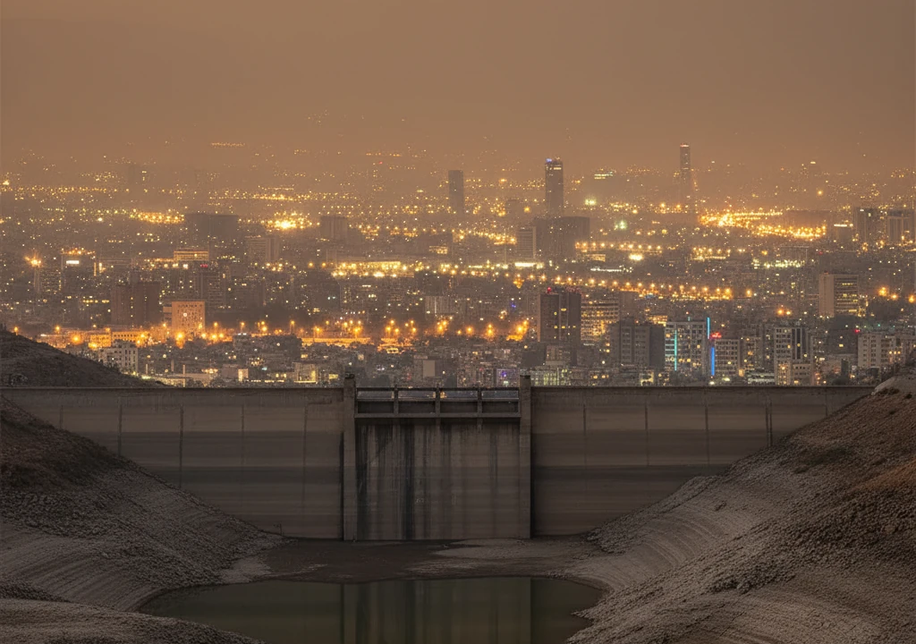 اینفوگرافیک تحلیلی از دلایل بحران آب در ایران در پاییز ۱۴۰۴، شامل کاهش بارندگی و ضعف حکمرانی آب. تصویر ماهواره‌ای از ایران که مناطق مواجه با خشکسالی و کاهش بارندگی شدید در آبان ۱۴۰۴ را نشان می‌دهد. نمایی از یک تصفیه‌خانه فاضلاب مدرن به عنوان نماد نوآوری و فناوری آب برای مقابله با بحرا