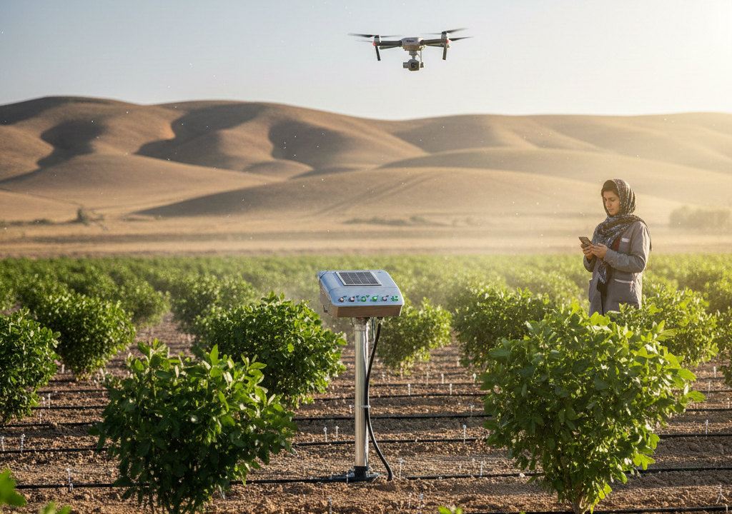 1. نقشه پراکندگی اجرای طرح‌های آزمایشی آبیاری هوشمند در ایران. 2. سنسورهای رطوبت خاک و کنترل هوشمند جریان برای کشاورزی دقیق. 3. کشاورز در حال کار با سیستم کنترل از راه دور برای مدیریت منابع آب.