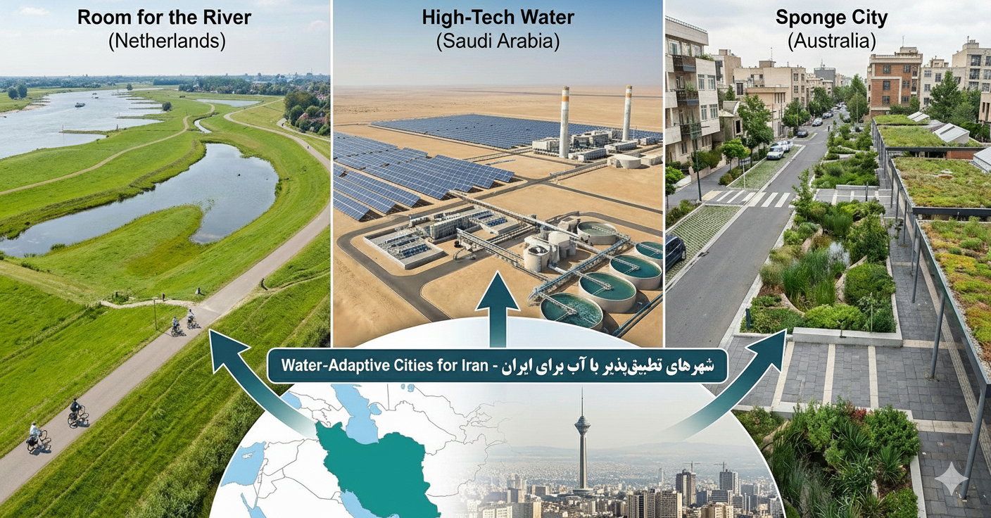 ۱. مقایسه بصری بستر رودخانه بتنی در ایران و طرح فضایی برای رودخانه در هلند ۲. دیاگرام فناوری تخلیه مایع صفر (ZLD) و تصفیه فاضلاب در پروژه نئوم عربستان ۳. نمونه اجرای باغچههای بارانی و آسفالت نفوذپذیر در خیابانهای ملبورن استرالیا