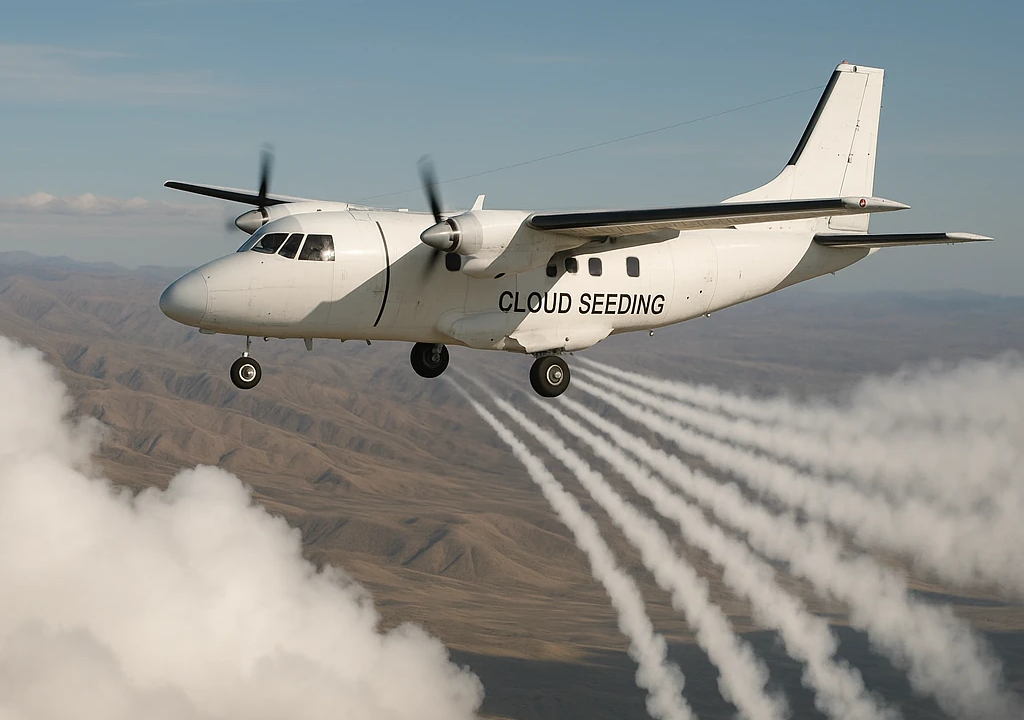 ۱. هواپیمای مخصوص بارورسازی ابرها در حال پاشیدن یدید نقره برای افزایش بارش و مقابله با بحران آب ایران. ۲. اینفوگرافیک مراحل علمی بارورسازی ابرها و تاثیر آن بر مدیریت منابع آب در مناطق خشک و نیمه‌خشک. ۳. نمایی از ابرهای کومولوس مناسب برای عملیات بارورسازی ابرها با هدف تامین امنیت آبی کشور.