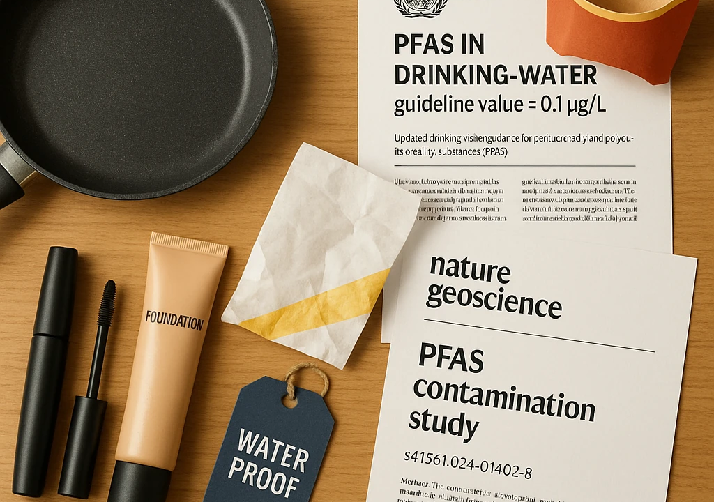 اینفوگرافیک چرخه آلودگی آلاینده PFAS در منابع آب از منابع صنعتی تا آب آشامیدنی. نمای شماتیک یک سیستم تصفیه آب پیشرفته با فناوری اسمز معکوس برای حذف PFAS. نقشه جهان که مناطق دارای تنش آبی شدید و آلودگی بالقوه PFAS را برای تأکید بر اهمیت مدیریت منابع آب نشان میدهد.