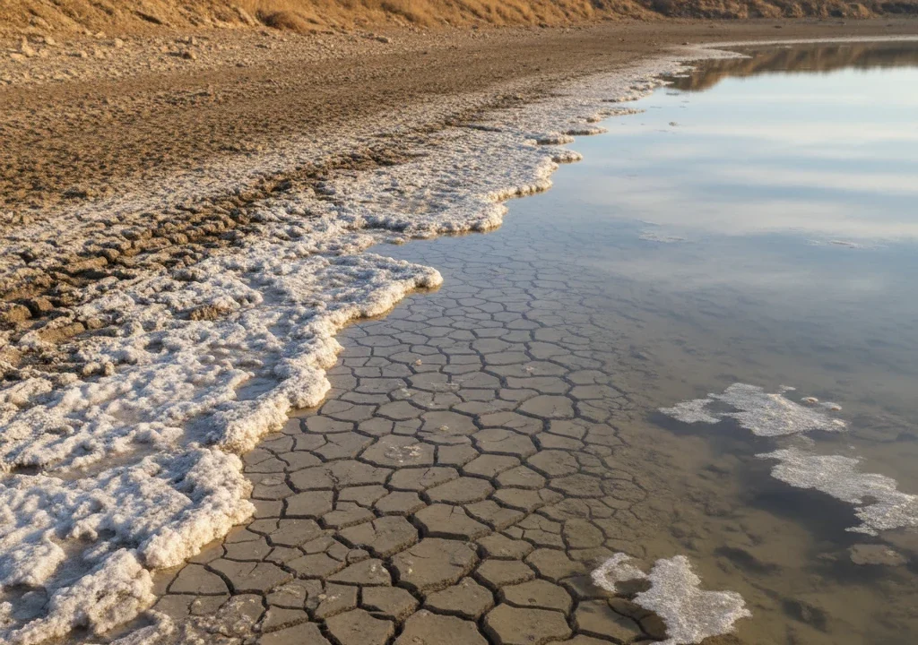 نمایی هوایی از سد زاینده‌رود که سطح پایین آب و بحران آب فعلی را نشان می‌دهد. کشاورزان اصفهانی در کنار بستر خشک رودخانه، نمادی از تاثیر بحران آب بر کشاورزی منطقه. اینفوگرافیک تحلیل مدیریت منابع آب حوضه زاینده‌رود و چالش‌های حکمرانی آب.