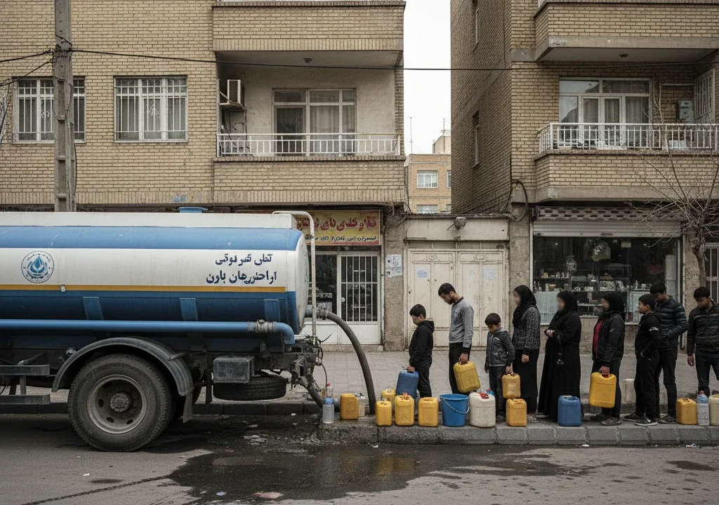 نمایی هوایی از سد کرج با سطح آب بسیار پایین که نشاندهنده عمق بحران آب تهران است. یک کارشناس در حال بررسی لولههای آب شهری، نمادی از لزوم بهبود مدیریت منابع آب در ایران. نقشه فرونشست زمین در کلانشهر تهران به دلیل برداشت بیرویه آب زیرزمینی و بحران آب.