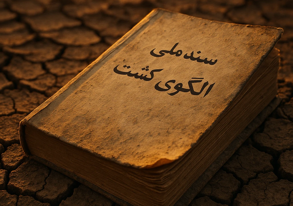 تصویر هوایی از مزارع کشاورزی در یک منطقه خشک ایران که با چالش تنش آبی و مدیریت منابع آب روبرو است. نمودار اینفوگرافیک نشان‌دهنده سهم بالای بخش کشاورزی در مصرف منابع آب ایران و دلایل اصلی بحران آب کشور. یک کشاورز در حال استفاده از سیستم آبیاری قطره‌ای، نمونه‌ای از نوآوری و فناوری آب برای مقابله با بحران آب.