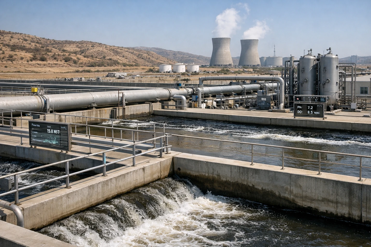 ۱. نمودار رشد سرمایه‌گذاری در استارتاپ‌های فناوری آب و هوش مصنوعی در سال ۲۰۲۵ ۲. سیستم تصفیه فاضلاب پیشرفته در برج سیلزفورس سانفرانسیسکو با فناوری بازچرخانی ۳. اینفوگرافیک مقایسه نیاز مالی زیرساخت‌های آب و بودجه‌های موجود جهانی تا ۲