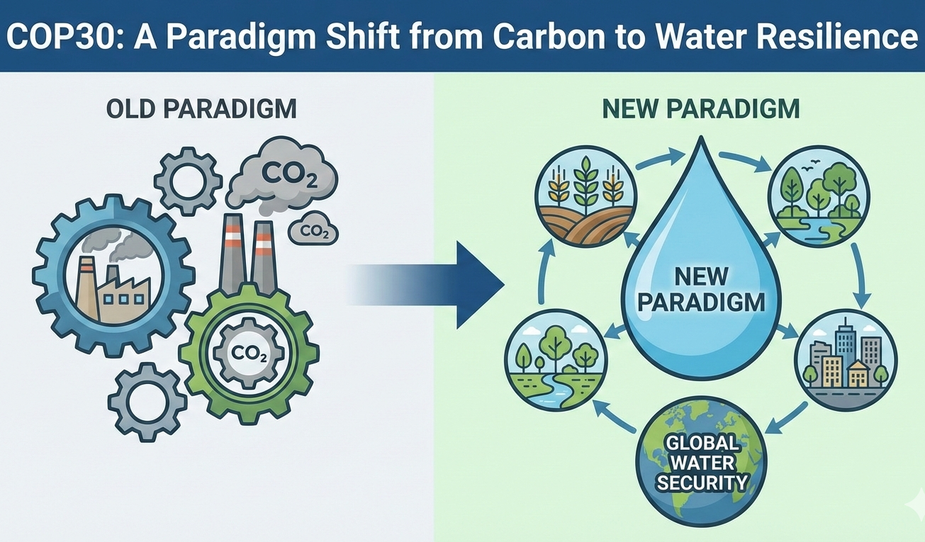 ۱. اینفوگرافیک پنج محور اصلی مدیریت منابع آب در COP30 و تاب‌آوری اقلیمی. ۲. تصویر هوایی از خشکسالی و فناوری آب هوشمند برای پایش منابع زیرزمینی ایران. ۳. نمودار مقایسه‌ای تغییر پارادایم جهانی از کاهش کربن به امنیت آبی در COP30.