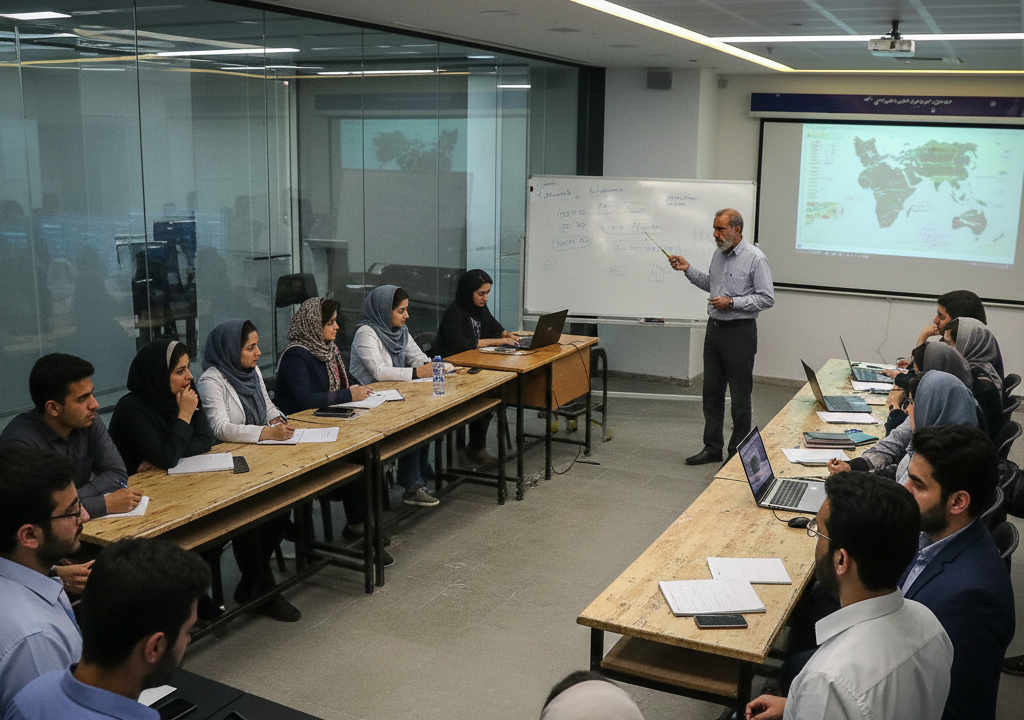 نقشه اینفوگرافیک محل برگزاری مدارس زمستانه 1404 در استان‌های ایران با کلمات کلیدی مدیریت منابع آب. ۲. نمایی از کارگاه تخصصی فناوری آب و نوآوری با حضور متخصصین حوزه آب در یک مدرسه فصلی. ۳. نمودار زمانی تکامل مدارس فصلی محیط زیست از سال 1394 تا سال 1404 در ایران.