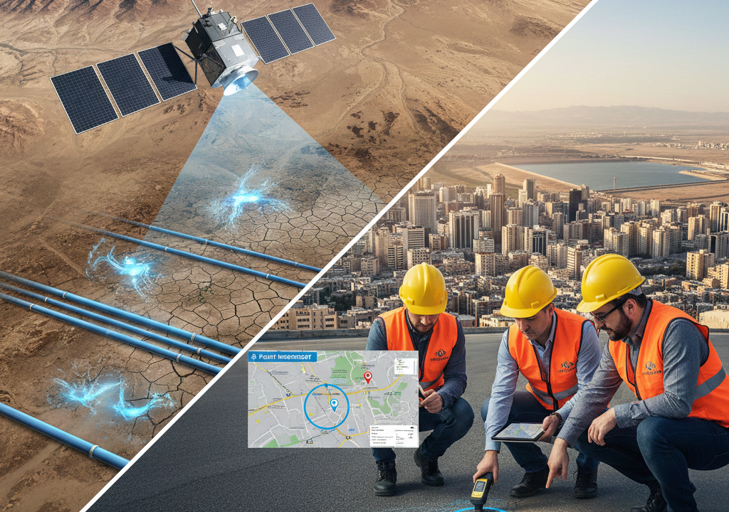 تصویر پردازش شده رادار SAR برای شناسایی نشت لوله آب در شهر ۲. مقایسه کارایی نشت‌یابی صوتی و ماهواره‌ای روی نقشه شهری ۳. نقشه مناطق تحت تنش آبی ایران و پتانسیل پوشش ماهواره‌ای