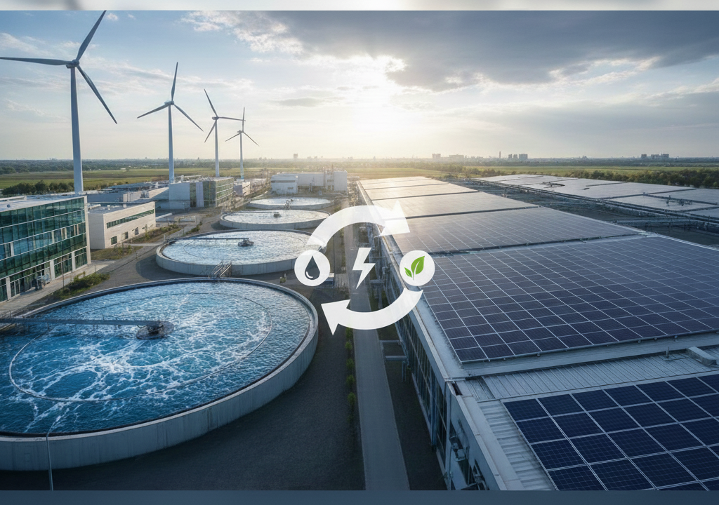 توربین‌های بادی در محوطه تصفیه‌خانه فاضلاب آمستردام. ۲. نمودار تولید انرژی ۱۵۰ درصدی در تصفیه‌خانه مارشلیس‌بورگ دانمارک. ۳. مقایسه پتانسیل خورشیدی و بیوگاز در تصفیه‌خانه‌های ایران.