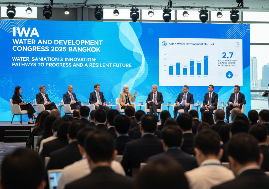 سخنرانی افتتاحیه کنگره آب و توسعه IWA 2025 در بانکوک با موضوع نوآوری و فناوری ۲. برندگان جوایز توسعه آب IWA 2025 در حال دریافت لوح تقدیر مدیریت منابع آب ۳. نمودار گزارش بانک توسعه آسیایی درباره وضعیت امنیت آبی و بحران آب در آسیا