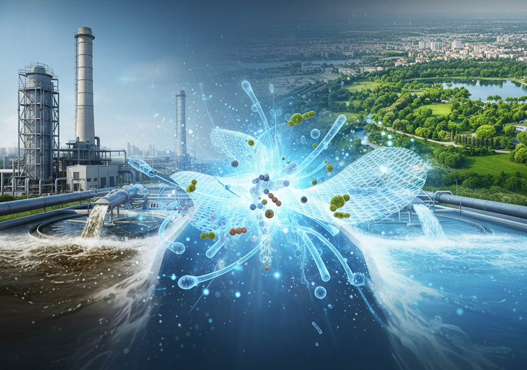 سیستم هوادهی نانوحباب در تصفیه‌خانه فاضلاب برای بهبود مدیریت منابع آب ۲. نمودار جایگاه برتر ایران در فناوری نانو و تصفیه پیشرفته برای مقابله با خشکسالی ۳. مکانیزم عملکرد نانوذرات و مواد کربنی پایدار در حذف آلاینده‌های صنعتی آب