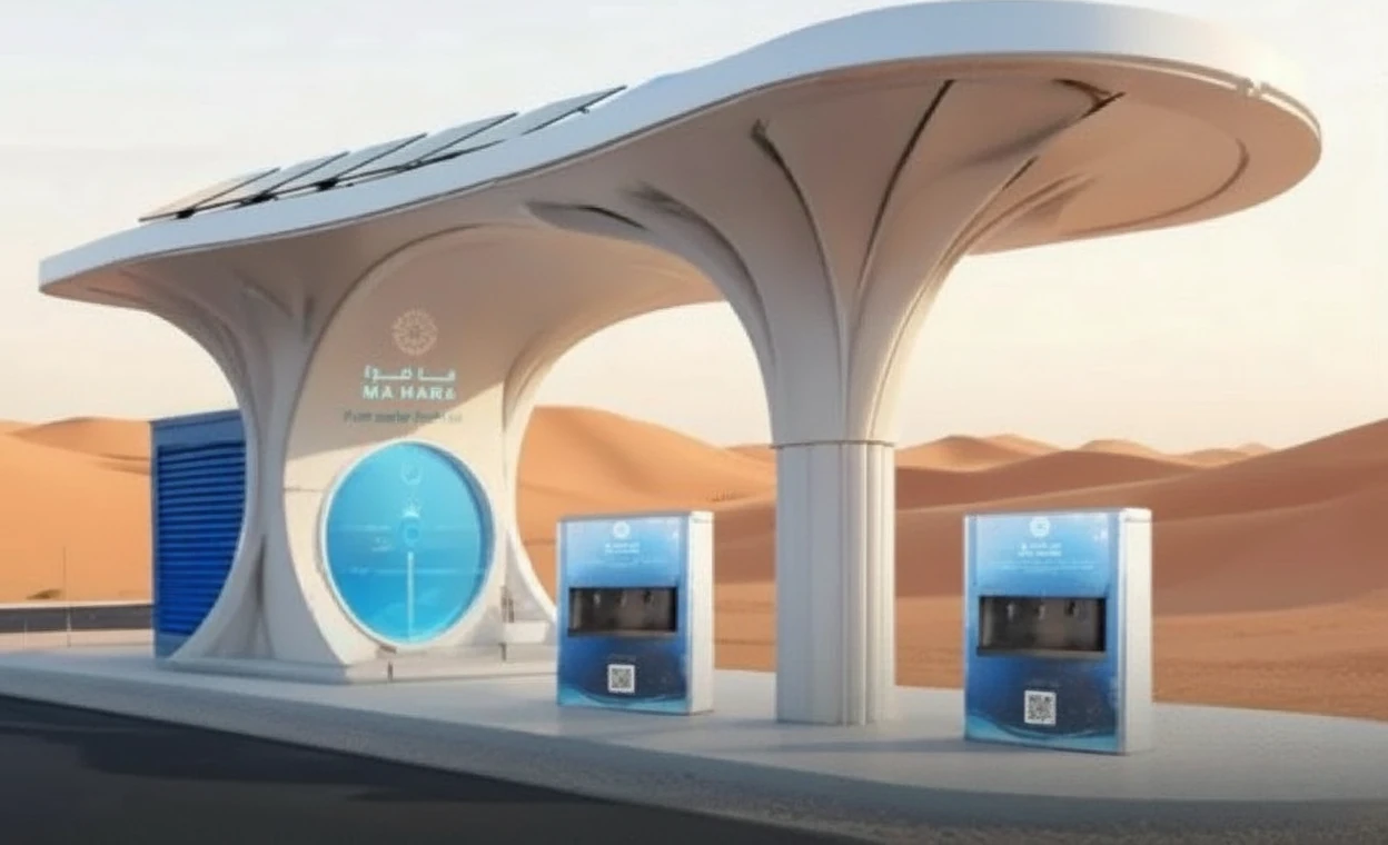 دستگاه تولید آب از هوا با پنل‌های خورشیدی در دبی. افتتاحیه پروژه ایستگاه وقف آب توسط بنیاد اوقاف دبی. نمودار نحوه عملکرد فناوری تبدیل رطوبت هوا به آب آشامیدنی. فناوری آب