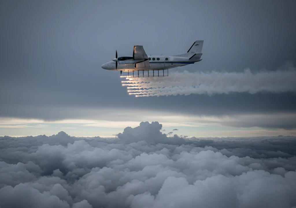 ۱. هواپیمای ویژه بارورسازی ابرها در حال عملیات در آسمان تهران ۱۴۰۴ ۲. نمودار مقایسه تاثیر بارش طبیعی و بارورسازی بر امنیت آبی ۳. احد وظیفه رئیس مرکز ملی اقلیم در حال تشریح وضعیت خشکسالی