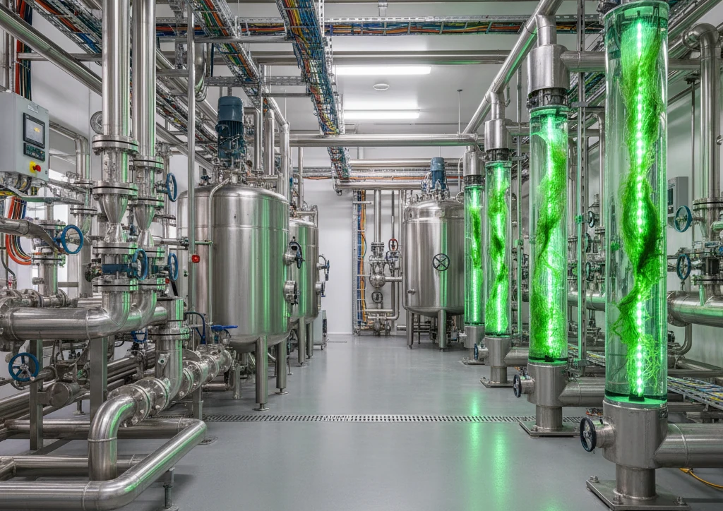 تصویر ۱: نمایی از دستگاه سامانه جذب پیوسته در آزمایشگاه شیمیایی با لوله‌بندی‌های دقیق. تصویر ۲: بیوراکتورهای کشت ریزجلبک سبز رنگ مجهز به سنسورهای پایش آنلاین. تصویر ۳: اینفوگرافیک مقایسه روش تصفیه اسمز معکوس با تصفیه بیولوژیکی ریزجل