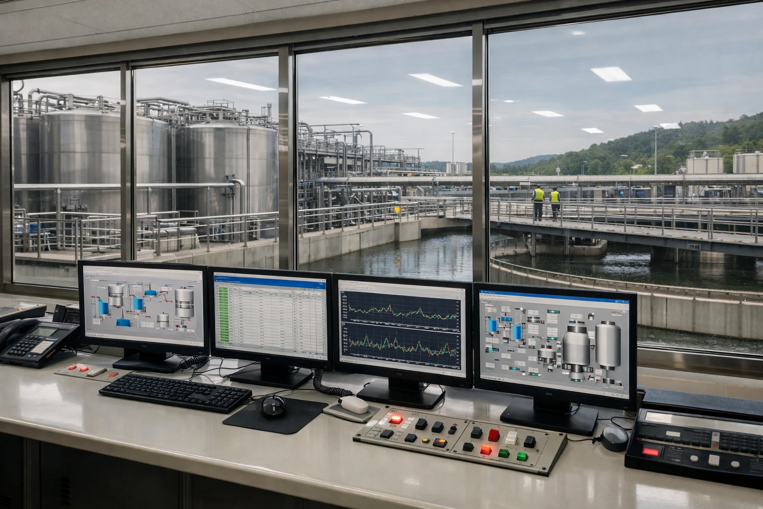 شماتیک سیستم تصفیه آب هوشمند با استفاده از همزاد دیجیتال و هوش مصنوعی نمودار کاهش مصرف مواد شیمیایی در تصفیه‌خانه آب با فناوری CPS اتاق کنترل پیشرفته تصفیه‌خانه آب و نمایشگرهای داده‌های کیفی آب