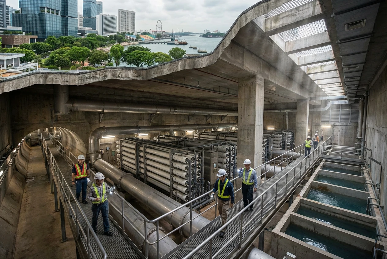 1. تأسیسات نمک‌زدایی زیرزمینی با فضای سبز روی سقف در سنگاپور 2. نمودار فرآیند تصفیه دوگانه آب دریا و آب شیرین در کارخانه جدید 3. نقشه موقعیت کارخانه‌های نمک‌زدایی سنگاپور و مرکز بینش آب ایران