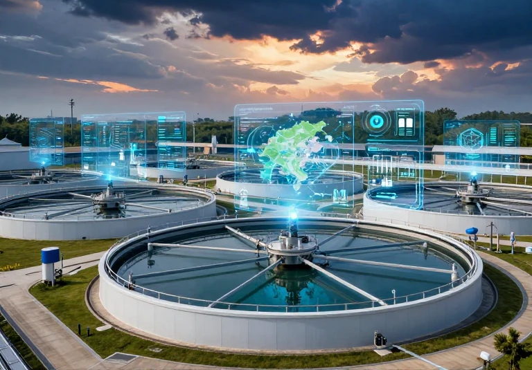 نمایی از کاربرد فناوری آب و هوش مصنوعی در تصفیه‌خانه مهندسان در حال بررسی داده‌های دیجیتال مدیریت منابع آب نمودار تاثیر تغییر اقلیم بر زیرساخت‌های آبی شهری