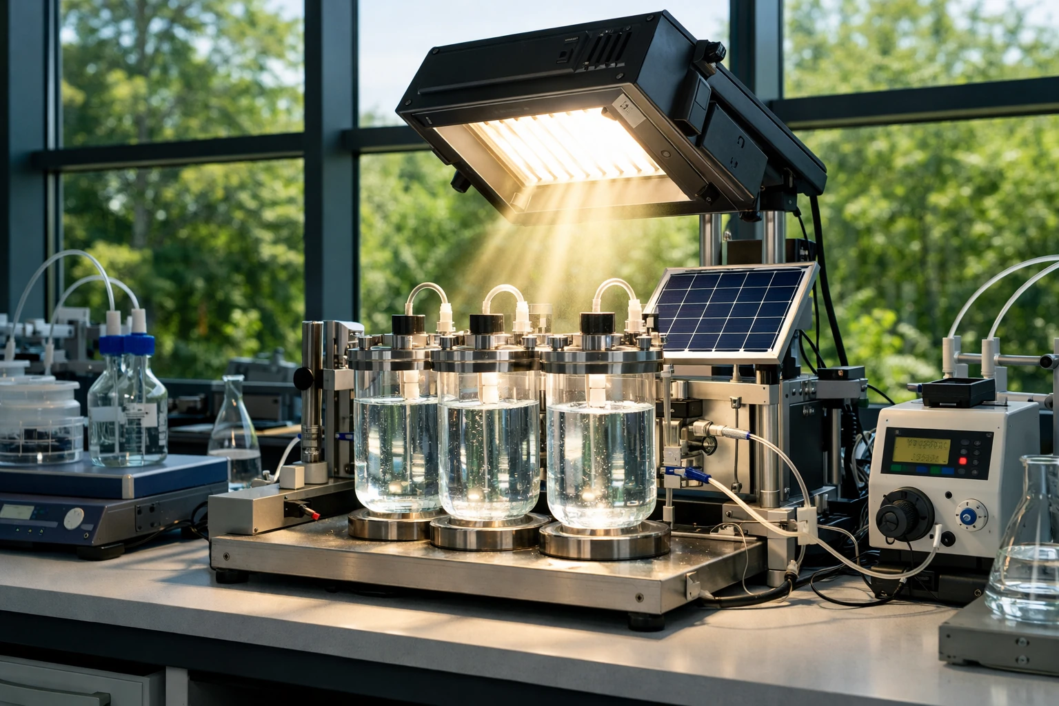 ۱. تصویر شماتیک تجزیه مولکول‌های PFAS توسط کاتالیست نوری و تبدیل به فلوراید. ۲. دکتر کامرون شیرر در آزمایشگاه دانشگاه آدلاید در حال بررسی نمونه‌های آب. ۳. نمودار مقایسه روش‌های سنتی تصفیه آب با روش نوین تجزیه نوری PFAS.