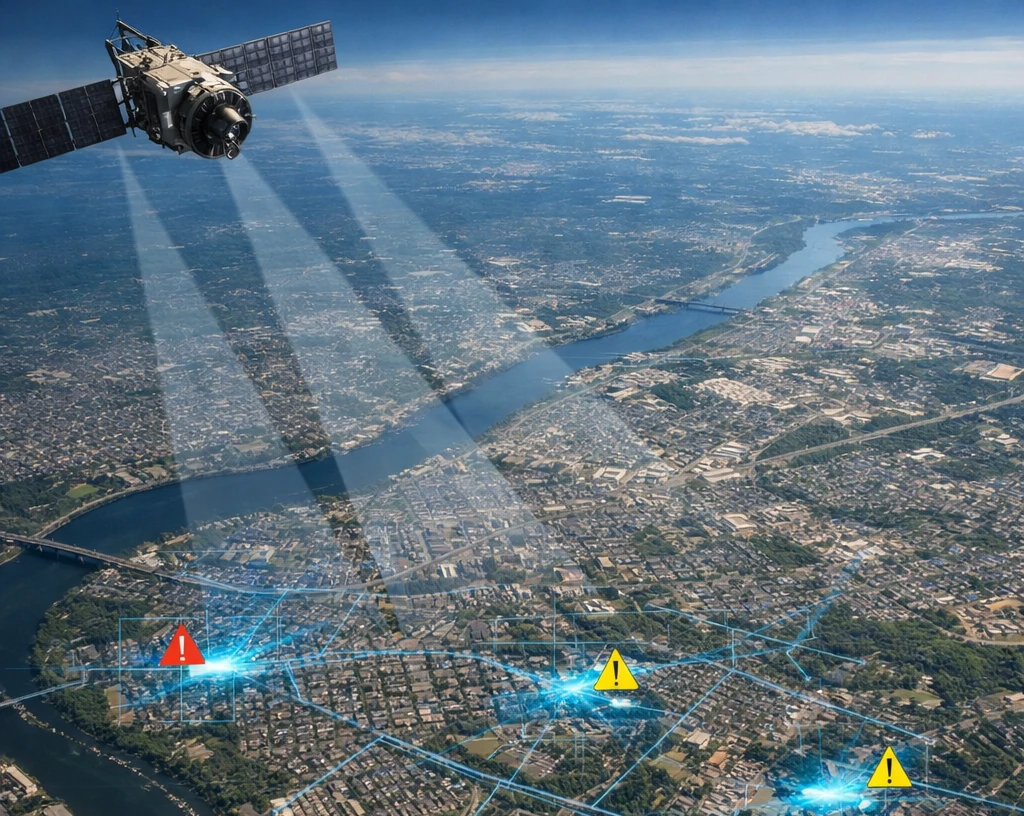 ۱. تصویر ماهواره‌ای اسکن زمین برای شناسایی نشت آب با فناوری SAR ۲. تیم عملیاتی در حال تعمیر لوله آب با هدایت نقشه‌های ماهواره‌ای ۳. نمودار مقایسه کارایی نشت‌یابی سنتی و ماهواره‌ای در کاهش هدررفت آب