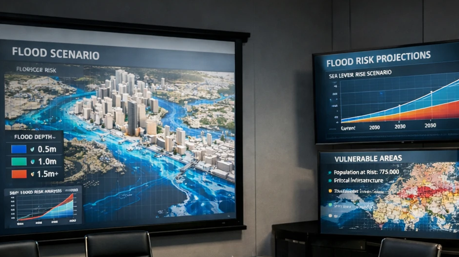 ۱. نمایی از مدل‌سازی رایانه‌ای پهنه‌بندی خطر سیلاب در محیط شهری ۲. دستگاه آب‌شیرین‌کن خورشیدی با غشای نانویی سیاه رنگ در آزمایشگاه ۳. مقایسه سطح غشای معمولی و غشای اصلاح شده با نانوذرات کربن زیر میکروسکوپ