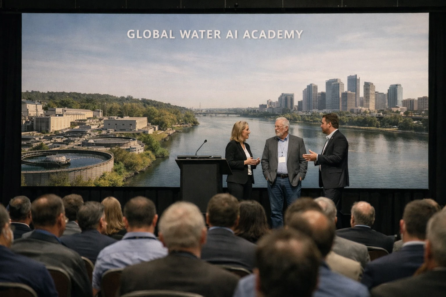 الیور هرمس مدیرعامل ویلو در مراسم افتتاح آکادمی هوش مصنوعی آب اینفوگرافیک کاربرد هوش مصنوعی در مدیریت منابع آب و کشاورزی هوشمند ساختمان مدرن آکادمی آب و همکاری دانشجویان با متخصصان صنعت آب