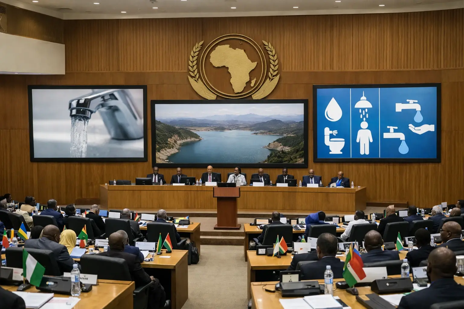 ۱. رهبران اتحادیه آفریقا در اجلاس آدیس آبابا برای تعیین اولویت حکمرانی آب. ۲. نمایی از ساختمان مقر اتحادیه آفریقا در اتیوپی، مرکز تصمیم‌گیری‌های کلان قاره. ۳. اینفوگرافیک نمایش‌دهنده نقشه راه چشم‌انداز آب آفریقا تا سال ۲۰۶۳.